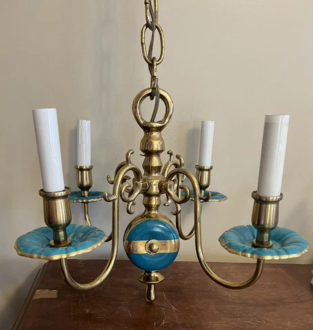 Vintage Brass Unique DUTCH CHANDELIER  4 Light Turquoise Enamel Small Cover