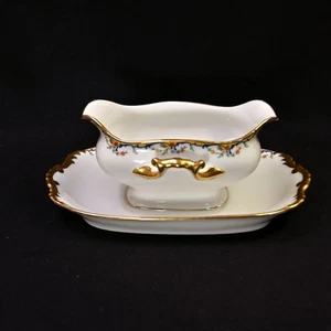 Limoges Vignaud Gravy Boat w/Underplate The Meuse Red Yellow Blue Gold 1911-1920 - Picture 1 of 18