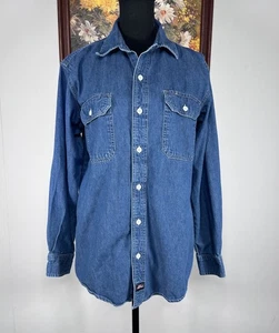 Dickie's Denim Long Sleeve Button Up T-Shirt Top Women Large Blue Pockets Casual - Picture 1 of 14