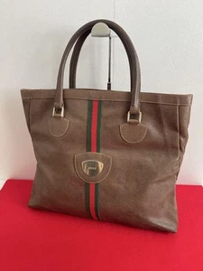 GUCCI Vintage Tote Bag GG Web Stripe Leather Brown Large Old Gucci Purse MBb0867 - Bild 1 von 12
