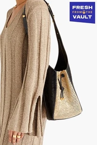 RRP€700 TORY BURCH Crinkled Leather & Faux Raffia Bucket Bag Adjustable Strap - Picture 1 of 8