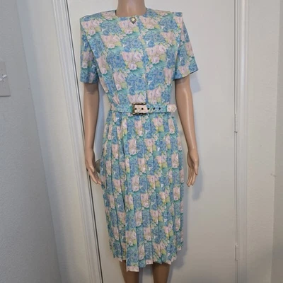 VTG Leslie Fay Petite 80s Pastel Floral Belt Dress Garden Party Secretary Retro - Image 1 of 4