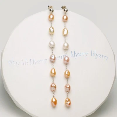 6-7mm Genuine Natural Multicolor Baroque Pearl Long Dangle Stud Earrings Eardrop - Image 1 of 4