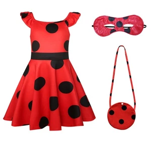 Kids Girls Red Polkadots Flared Sleeve Skirt Ladybird Costume Party Fancy Dress - Picture 1 of 20