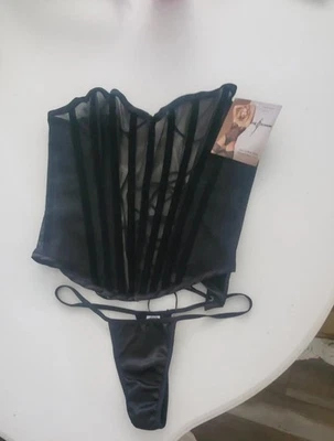 Conjunto de 2 corsé de malla de terciopelo y conjunto de lencería con tanga a juego Leg Avenue para mujer  Foto 1 de 4