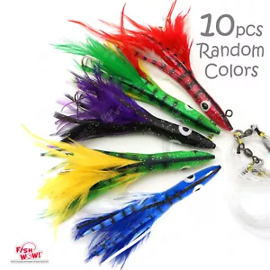 10pcs 6" Fishing Tuna Clone Feather Head Rigged Trolling 3oz lures Random Colors - Picture 1 of 11