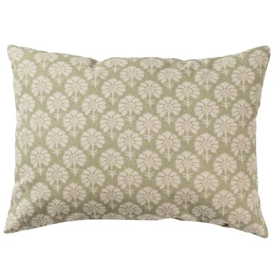 Wildflower Boudoir Cushion in Soft Green. Linen-Blend Floral Design. 17x12" - Image 1 of 4