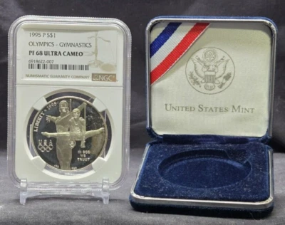 1995 P OLYMPICS - GYMNASTICS - $1 - NGC PF68 UC - .999 SILVER COIN BROWN LABEL - Image 1 of 4