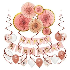Birthday Decorations Set Rose Gold Confetti Balloons Hanging Swirls 25pcs - Picture 1 of 7