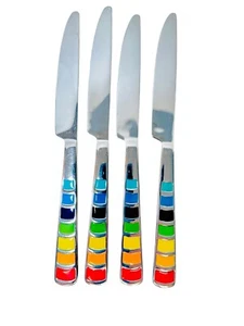 Fiesta Ware 4 Masquerade Rainbow Stainless Enamelled Serrated Dinner Knives - Picture 1 of 11