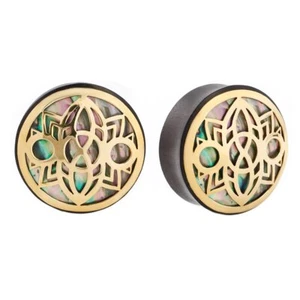 MOON PLUG - BRASS + ABALONE Organic Wood Gauges/plugs 2 Piece (A/3/1/910) - Picture 1 of 1