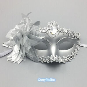 Venetian Carnival Women Masquerade Mask w/Feather & Flowers Black Gold Silver