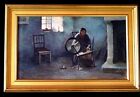 HST ancien tableau la fileuse rouet 41x24,5 painting spinner 