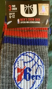 NWT 3 PACK/3 COLOR Philadelphia 76ers MENS CREW SOCKS-LARGE-Sizes (6-12)-NBA - Picture 1 of 5