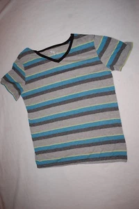 Mens S/S Tee Shirt STRIPED V-NECK Gray Black LIME GREEN Turquoise SIZE M 38-40 - Picture 1 of 1