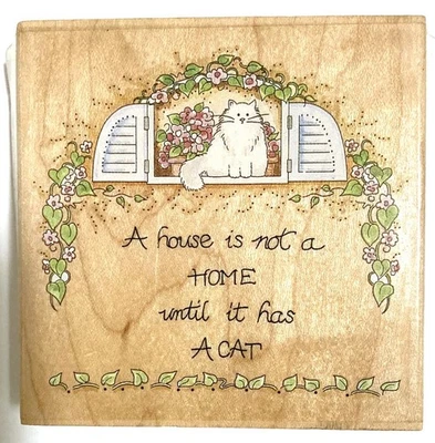 Cat in the Window Rubber Stamp Wood Mount Stamps Happen 3.5x3.5" Home - Image 1 of 4
