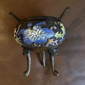 Vin 7” China Cloisonne enamel Bronze Dyansty Flower 3 Leg Tripod Censer 2.68lb - Picture 1 of 9
