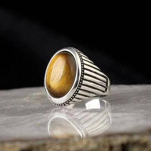925 Sterling Silver Ring Tiger's Eye Gemstone Handmade Men's Jewelry - Picture 1 of 8