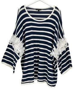 Lane Bryant Pullover Übergröße 26/28 blau weiß gestreift L/S Ärmel Blumen Spitze - Bild 1 von 15