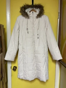 EXCELLED Collection 3/4 Length Cream Zip Puffer Coat XL Faux Fur Hood - Picture 1 of 12