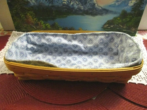 Longaberger 2001 Rectangular Bread Cracker Basket Blue & White Cloth Liner Only Cover