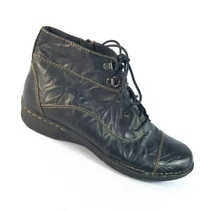 Clarks Women's Cap Toe Combat Boots Black Leather Ankle Boots, Size 8.5 - Picture 1 of 7