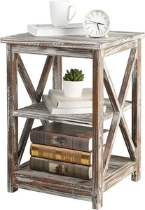 Versatile Rustic Torched Wood End Table or Nightstand w/ 2 Shelves Storage Space - Picture 1 of 7