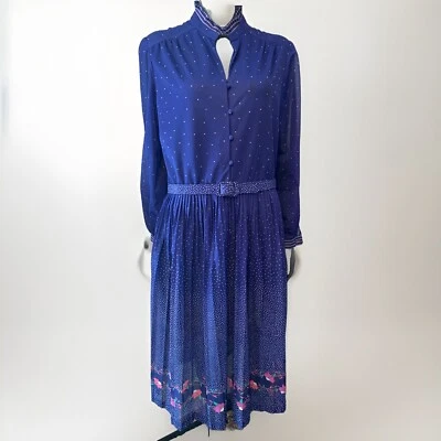 Vestido midi plisado floral azul marino vintage hecho en unión Hal Ferman talla 16 Foto 1 de 4