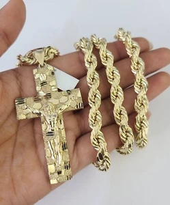 Real 10k Rope Chain Jesus Cross Charm Set 8mm 20"-30" Inch Necklace Yellow Gold - Picture 1 of 8