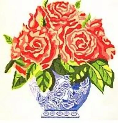 Needlepoint Handpainted Jean Smith Blue Vase of Roses ~ Pink or Coral 14x14 - Image 1 of 4