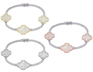 Three Clover Illusion Set 2 3/4 CT Real Diamond Tennis Bracelet Gold 18MM 7" - Picture 1 of 9