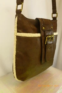APT 9 Brown TEXTURED Faux Leather SHEARLING FUR TRIM Crossbody SHOULDER BAG - Picture 1 of 9