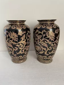 2 Large VTG Andrea By Sadek Vases Black & Gold Flowers, Made in China 10 1/2" T. - Picture 1 of 12