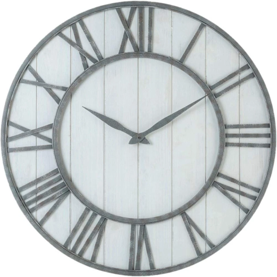 Oldtown Farmhouse Metal & Solid Wood Whisper Quiet Ticking Wall Clock (whitewash