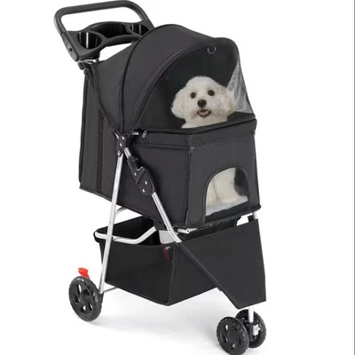 Black 3 Wheel Pet Stroller Doggie Stroller With Storage Basket And Cup Holder - Image 1 of 4