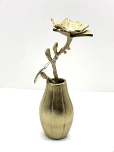 Emie Jones goldfarbene Aluminiumguss Magnolie in Vase Skulptur mit Etikett neu aus altem Lagerbestand Indien - Bild 1 von 8