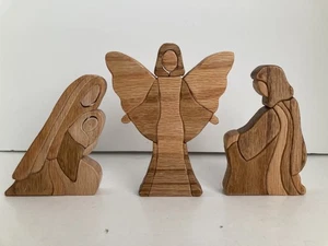 Set 3 Holz Krippenfiguren Maria Jesus Josef Engel Handarbeit Optik Vintage - Bild 1 von 14