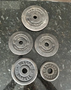 Vintage Cast Iron Weight Plates- 3 Healthways & 2 Billard Total 27.5 Pounds - Picture 1 of 6