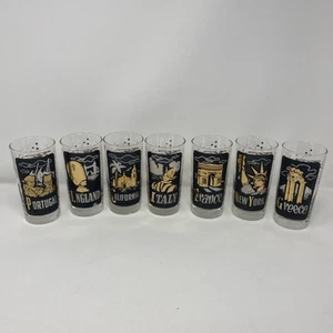 RARE Unique VTG 7-Piece Barware TWA Airlines Destination Highball Drink Glasses - Picture 1 of 13
