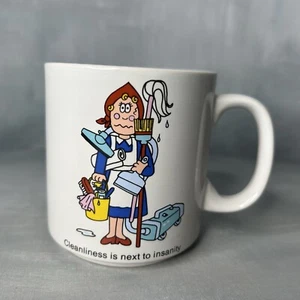 Cleanliness Is Next To Insanity Vintage Russ Berrie Coffee Mug w/ Cleaning Lady - Picture 1 of 12