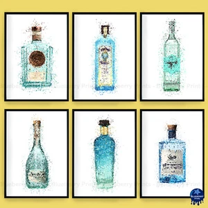 Gin Bottle Prints Splatter Art Poster Home Bar Decor, Bombay, Mermaid A5 A4 A3 - Picture 1 of 7