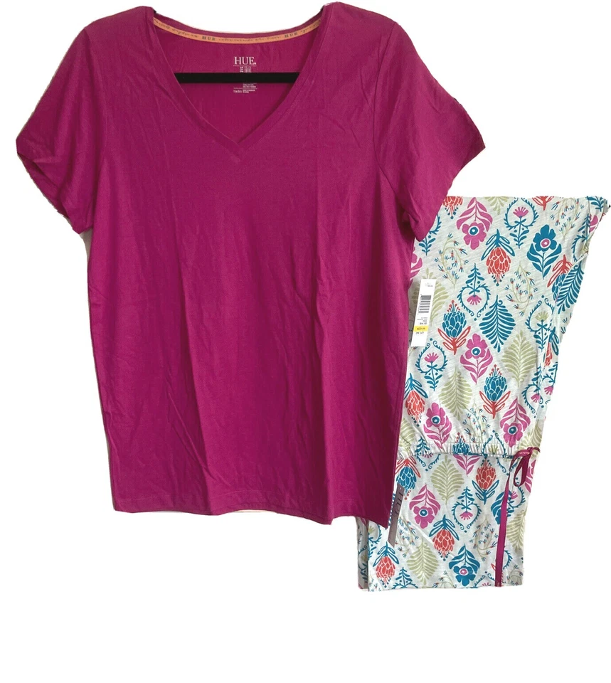 Conjunto de pijama HUE para mujer de 2 piezas de manga corta y parte inferior de pijama; tallas S, M, L, XL Foto 1 de 1