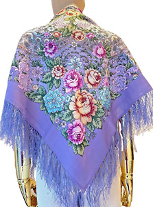 Authentic Russian Pavlovo Posad Scarf Shawl Purple 100% Wool silk fringe 89x89cm