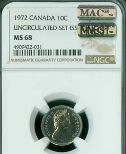 1972 CANADA 10 CENTS NGC MS68 PQ MAC FINEST REGISTRY MAC SPOTLESS * - Picture 1 of 2