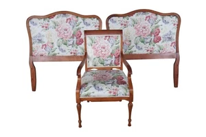Mid Century French Provincial Mahogany Floral Upholstered Twin Beds & Arm Chair - Picture 1 of 12