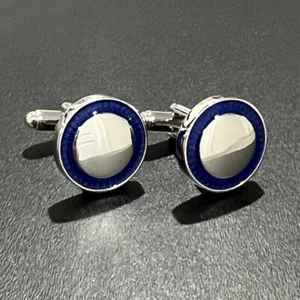 Blue Rim Round Cufflinks For Men Birthday Wedding Round Blue Cufflink - Picture 1 of 7