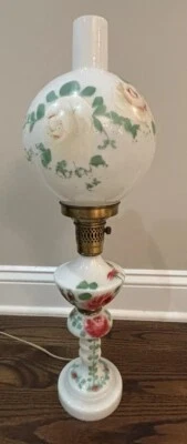 Gone with the Wind Vintage Milk Glass Round Hurricane Parlor Table Lamp Floral - Image 1 of 4