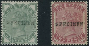 GB QV 1880 PROVISORISCHE AUSGABEN 1/2d + 2D PROBENÜBERDRUCKE - Bild 1 von 2