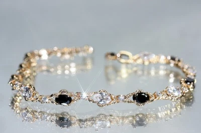 Brazalete de diamantes y zafiros negros de corte ovalado de 20 cm, oro rosa relleno de plata 925 Foto 1 de 4