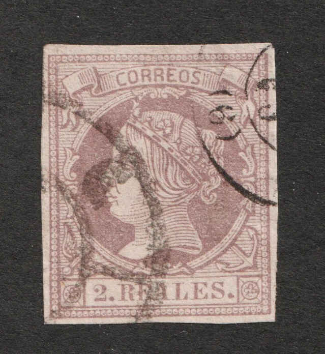 1860 Spain Sc# 54 - 2 Reales, Queen Isabella II. Used stamp, 4 margins Cv$11.00 - Image 1 of 1